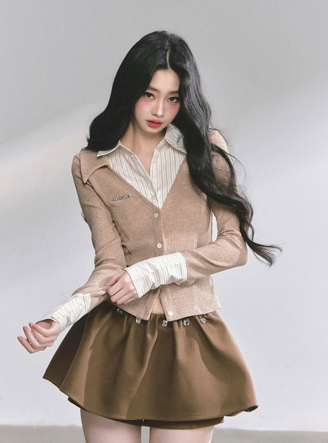Attached Shirt Cardigan - Brown