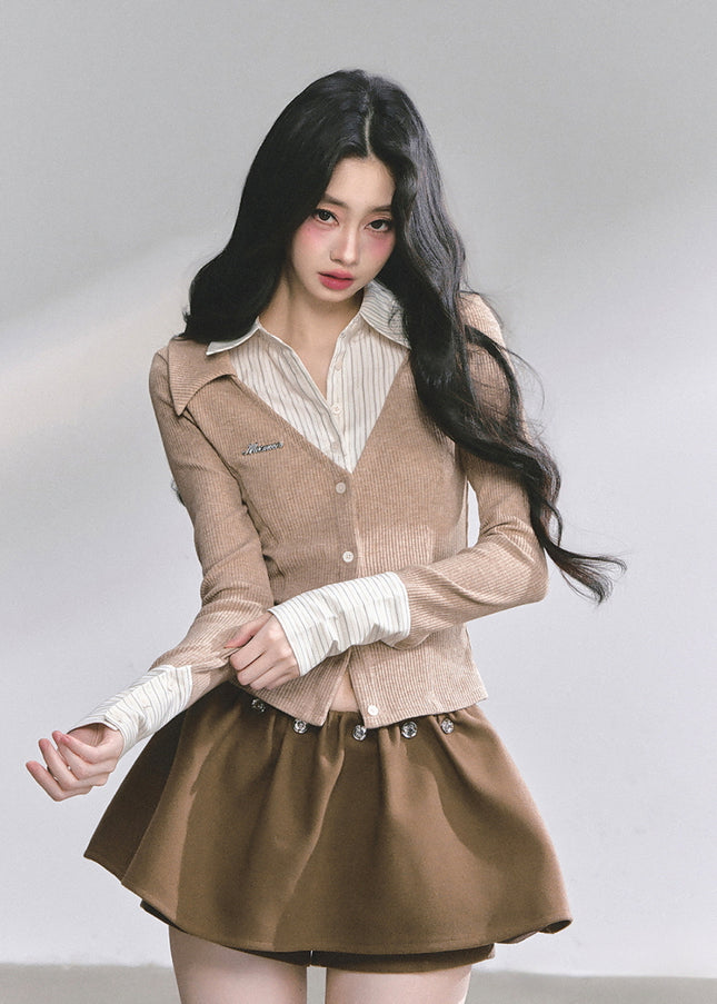 Attached Shirt Cardigan - Brown