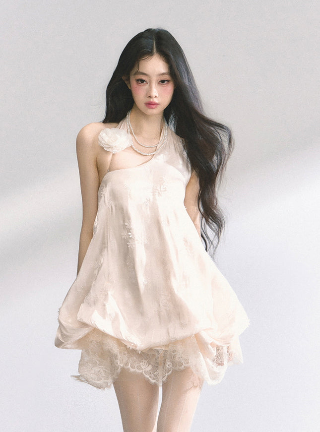 Ivory Lace Trim Halter Babydoll Dress