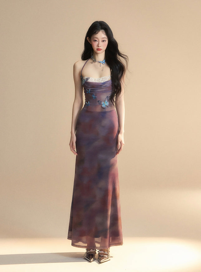 Sheer Butterfly Appliqué Halter Maxi Dress
