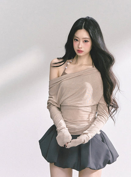 Minimal Drape Long Sleeve Top - Kahki