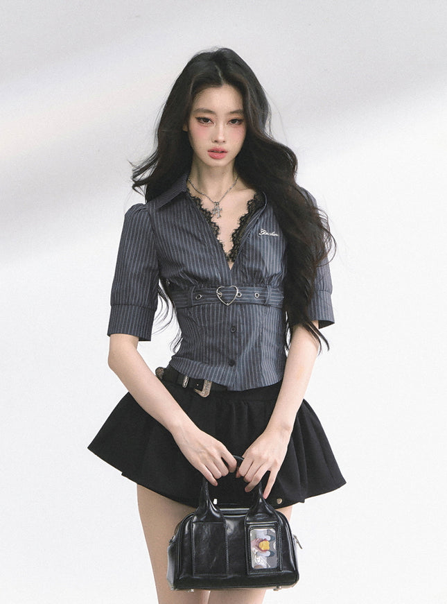 Heart Buckle Stripe Blouse -Black