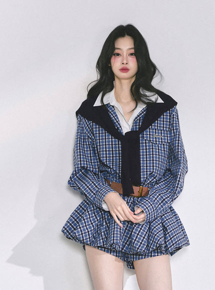 Urban Contrast Mini Dress Shawl Set - Blue