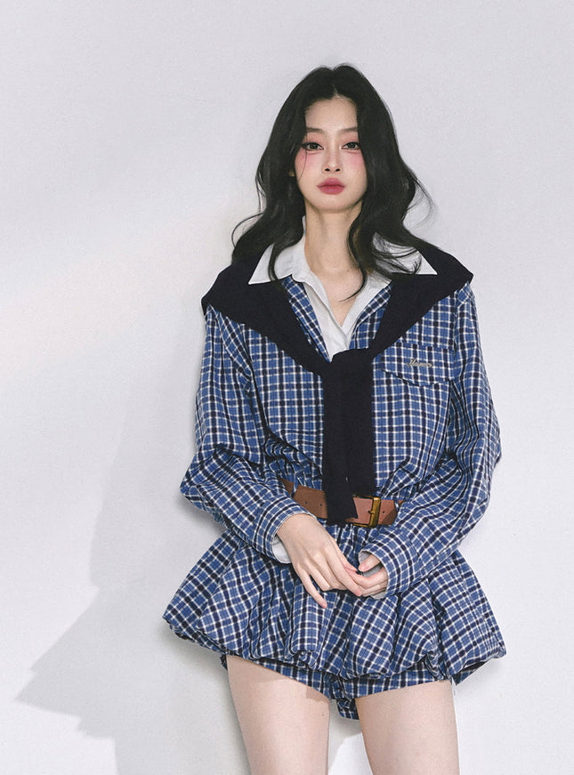 Urban Contrast Mini Dress Shawl Set - Blue
