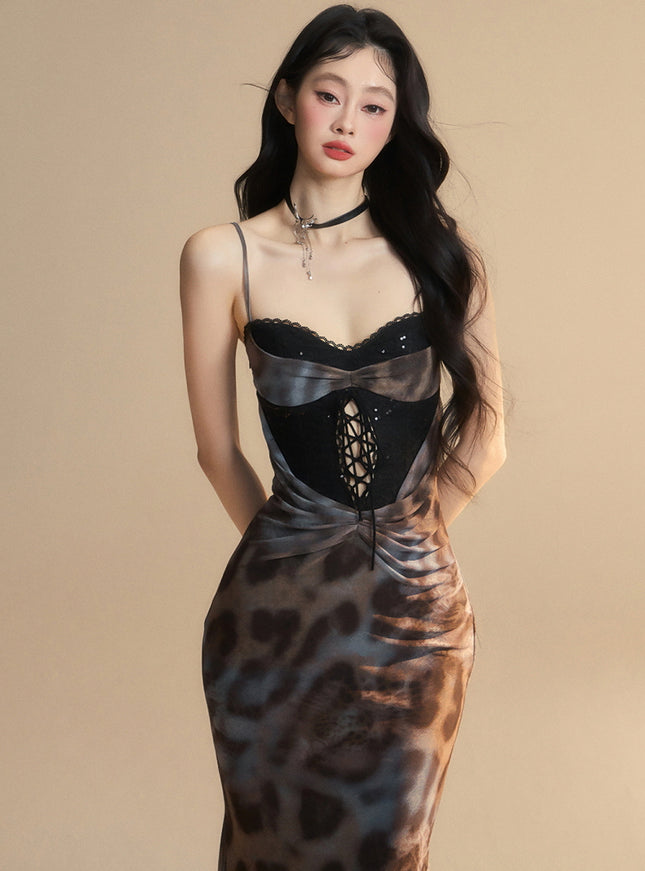 Leopard Print Lace-Up Bustier Maxi Dress