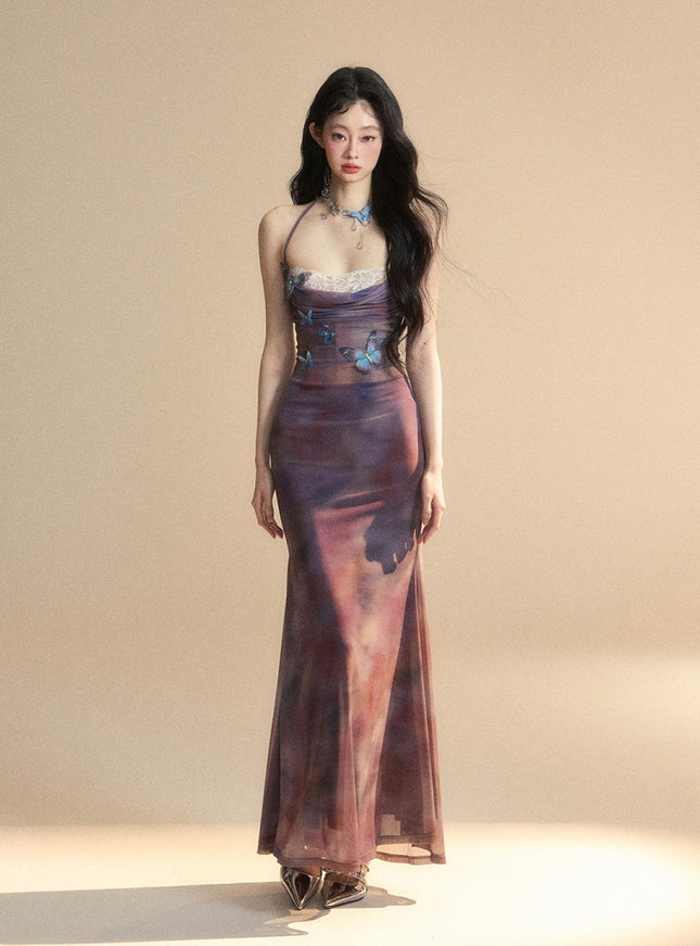 Sheer Butterfly Appliqué Halter Maxi Dress