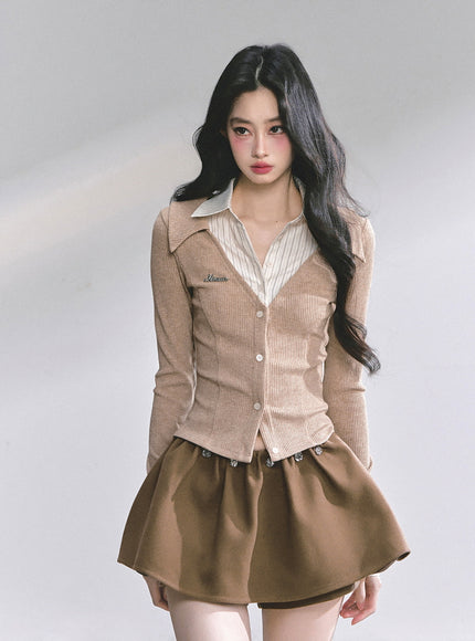 Attached Shirt Cardigan - Brown