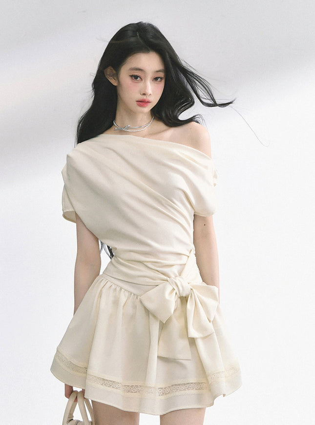 Graceful Ribbon Waist Dress - Apricot