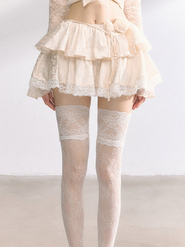 Apricot Tiered Lace Mini Skirt
