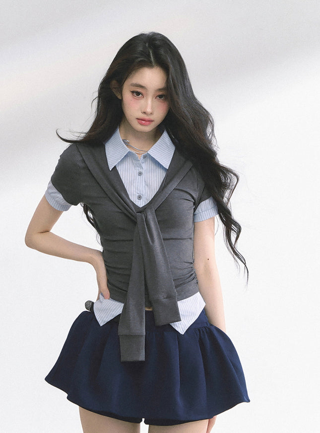 Layered Knit Tie Shirt - Gray