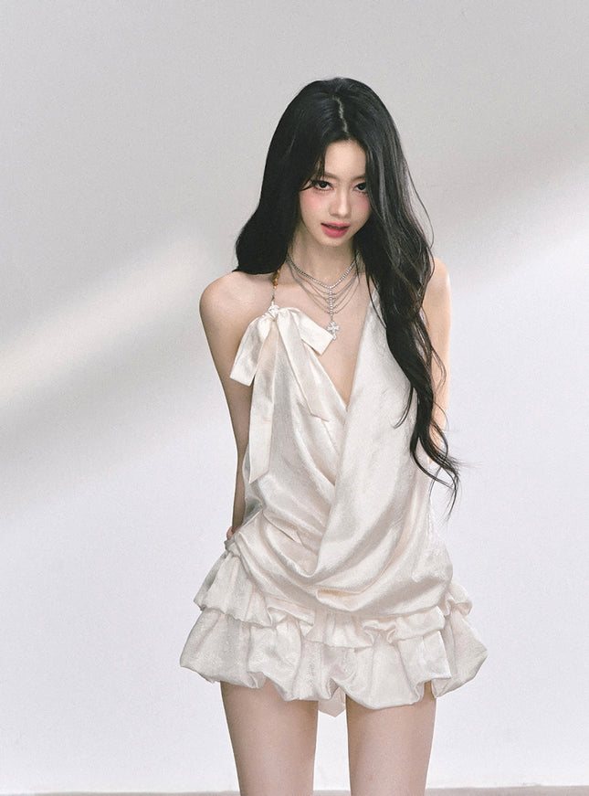 Ivory Satin Halter Ruffle Romper Dress