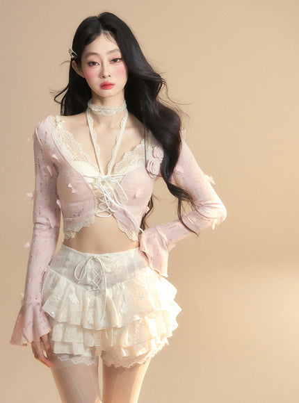 Romantic Lace-Up Sheer Top - Pink