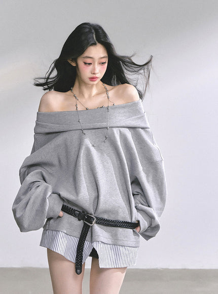 Off-Shoulder Gray Belt Sweatshirt