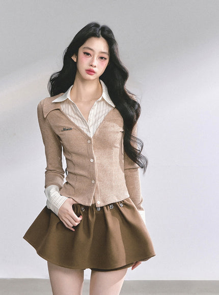 Attached Shirt Cardigan - Brown