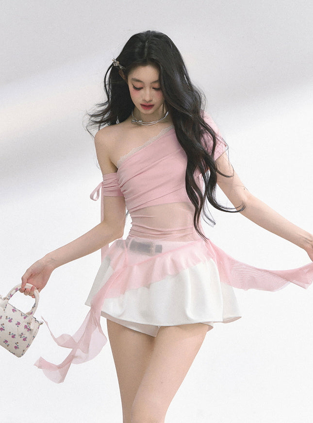 Pink Sheer Layered Off-Shoulde Top