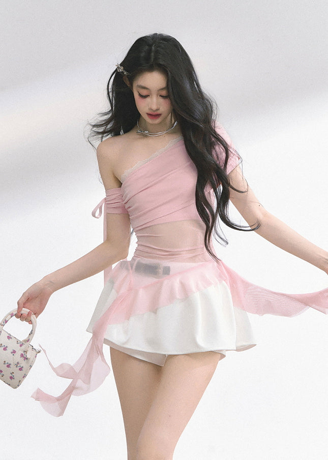 Pink Sheer Layered Off-Shoulde Top
