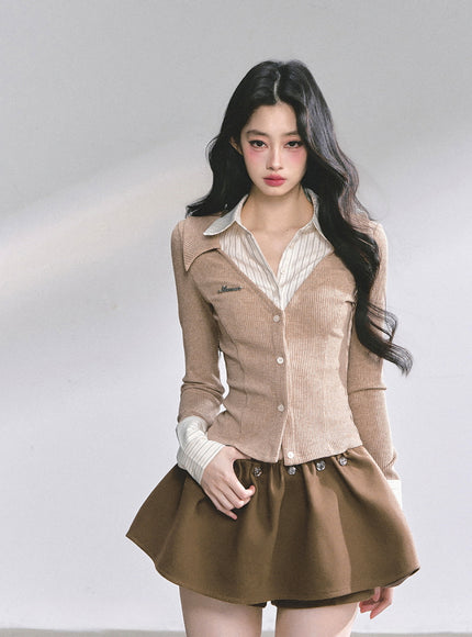 Attached Shirt Cardigan - Brown