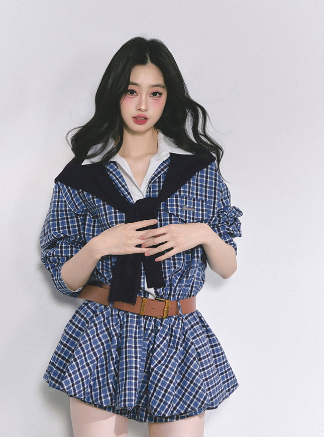 Urban Contrast Mini Dress Shawl Set - Blue
