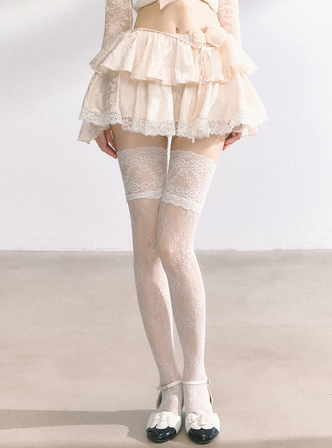 Apricot Tiered Lace Mini Skirt