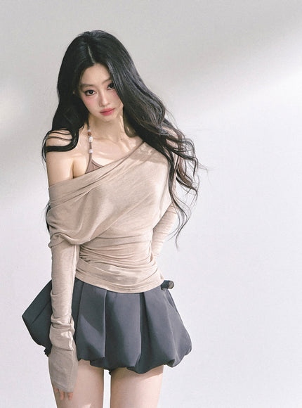Minimal Drape Long Sleeve Top - Kahki