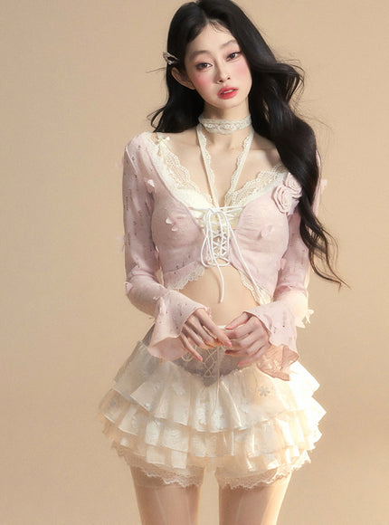Romantic Lace-Up Sheer Top - Pink