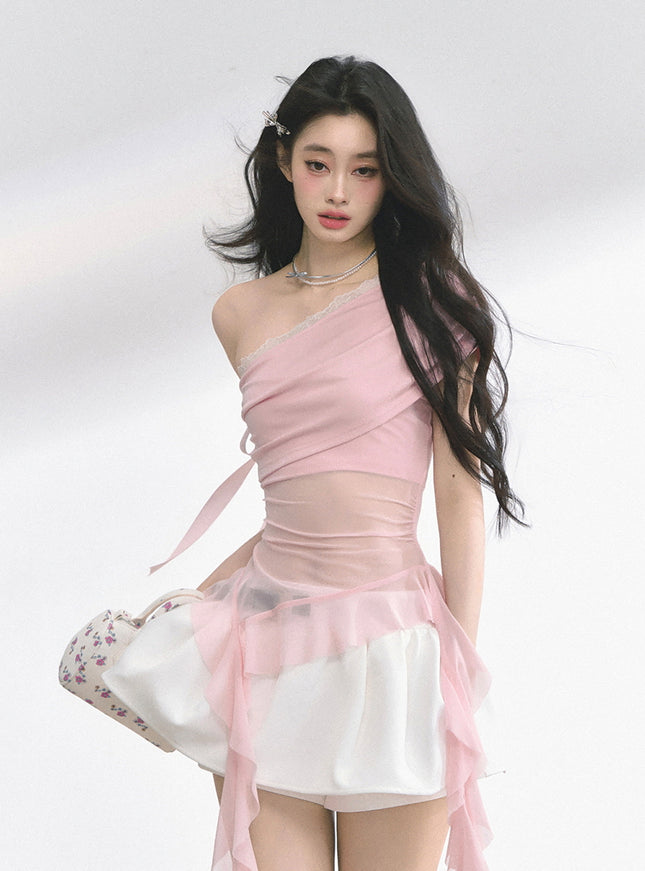 Pink Sheer Layered Off-Shoulde Top
