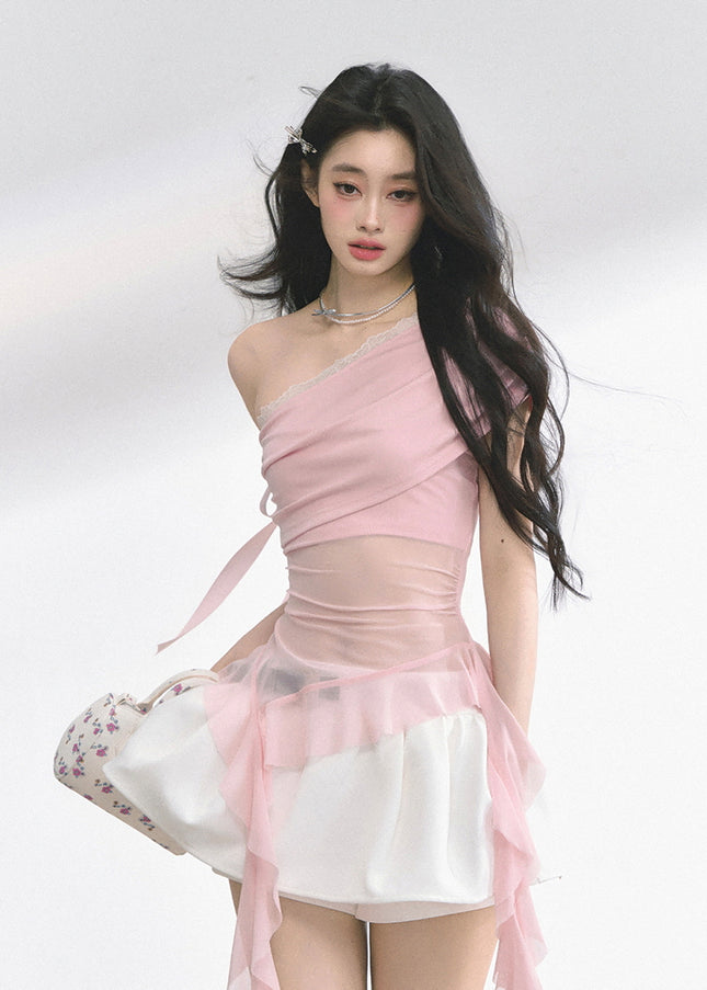 Pink Sheer Layered Off-Shoulde Top
