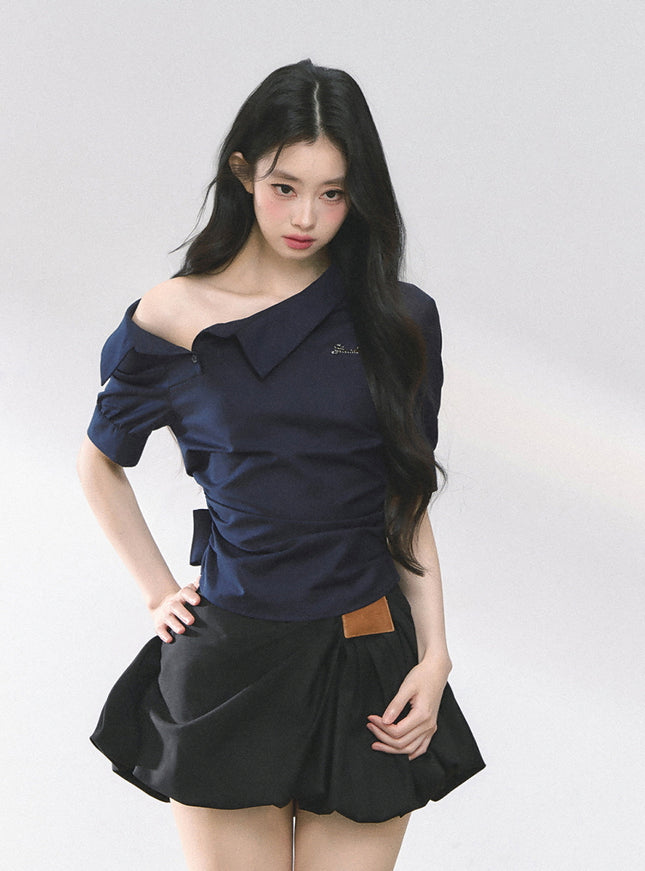 Off-Shoulder Shirt Blouse - Navy