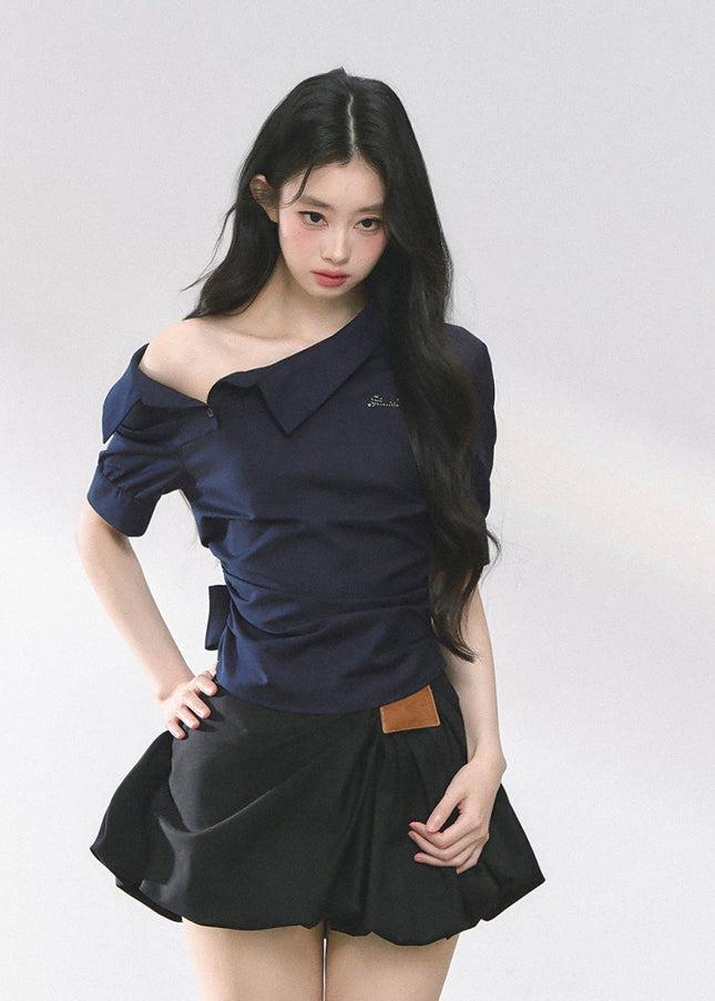 Off-Shoulder Shirt Blouse - Navy