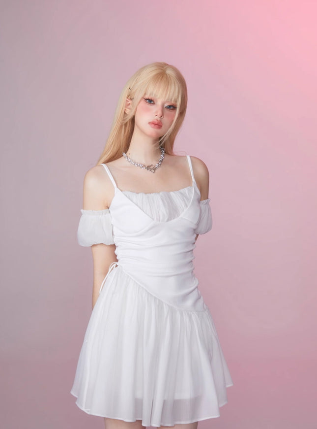 White Off-Shoulder Ruched Dress