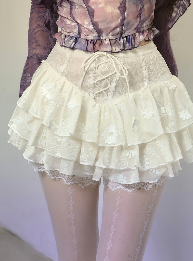 White Lace-Up Tiered Lace Skirt