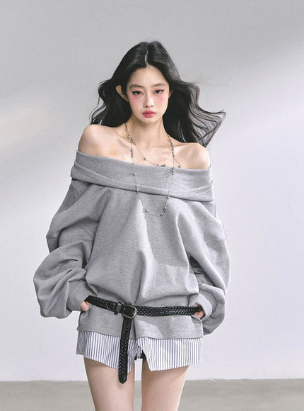 Off-Shoulder Gray Belt Sweatshirt