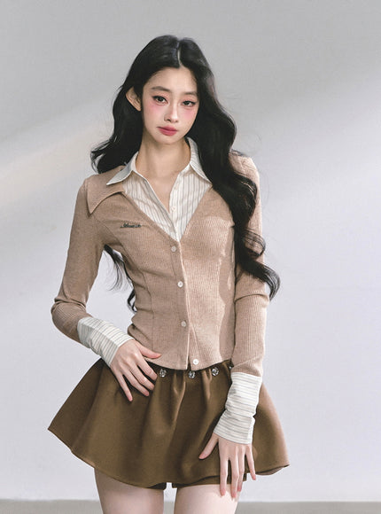 Attached Shirt Cardigan - Brown