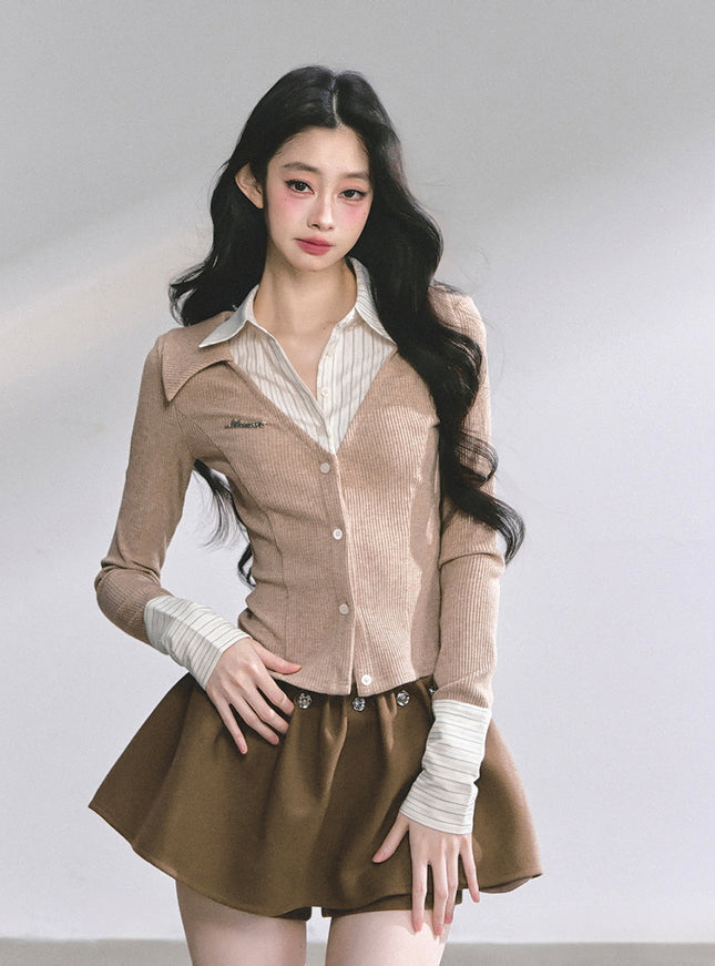 Attached Shirt Cardigan - Brown