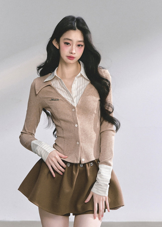 Attached Shirt Cardigan - Brown