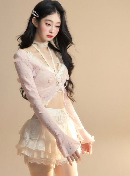 Romantic Lace-Up Sheer Top - Pink