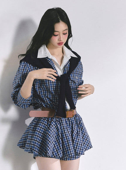 Urban Contrast Mini Dress Shawl Set - Blue