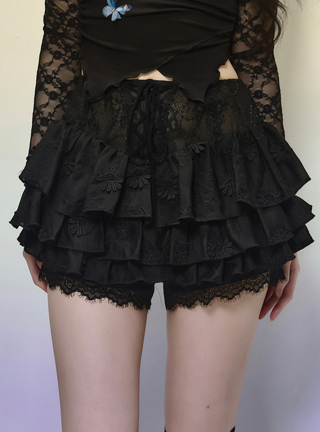 Black Lace-Up Tiered Lace Skirt
