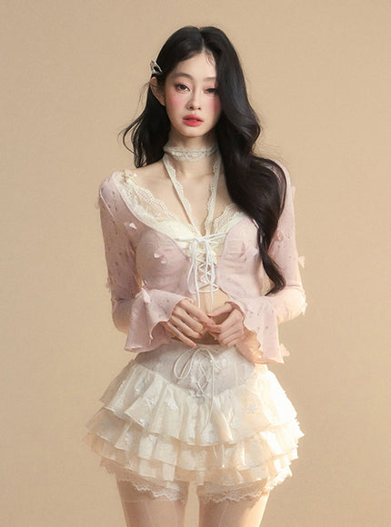 Romantic Lace-Up Sheer Top - Pink