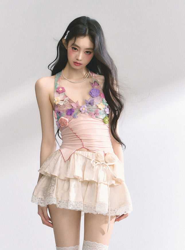 Sheer Floral Appliqué Halter Top