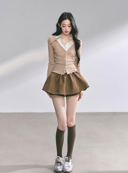 Attached Shirt Cardigan - Brown