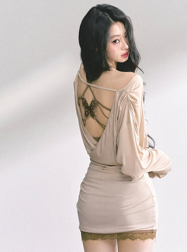 Beige Wrap Mini Dress Set with Khaki Lace Slip