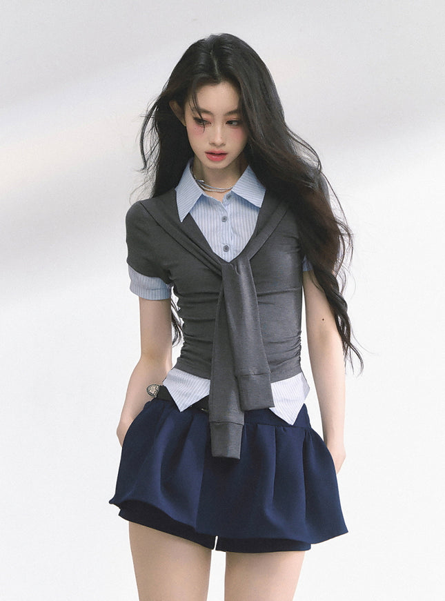Layered Knit Tie Shirt - Gray