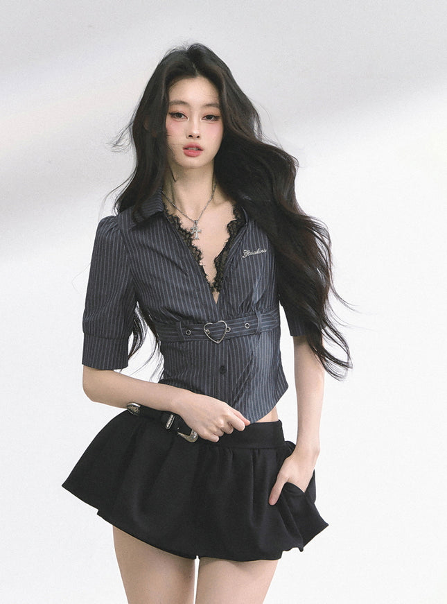 Heart Buckle Stripe Blouse -Black
