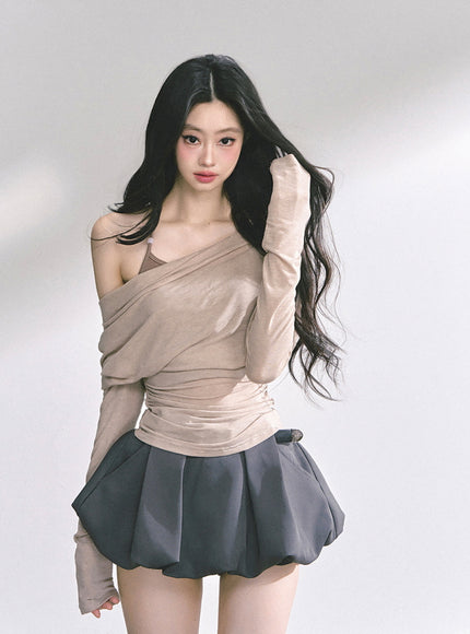 Minimal Drape Long Sleeve Top - Kahki