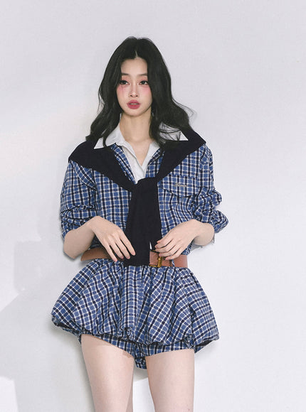 Urban Contrast Mini Dress Shawl Set - Blue