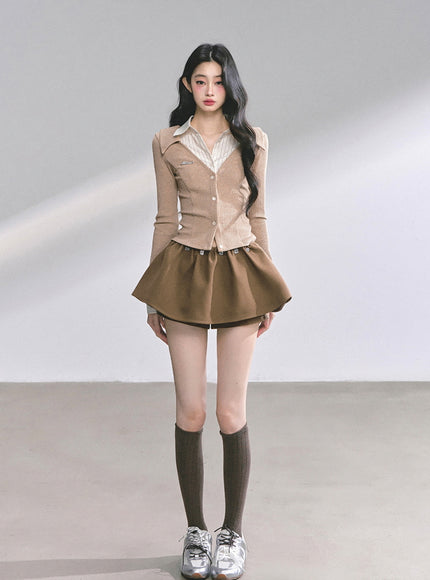 Attached Shirt Cardigan - Brown