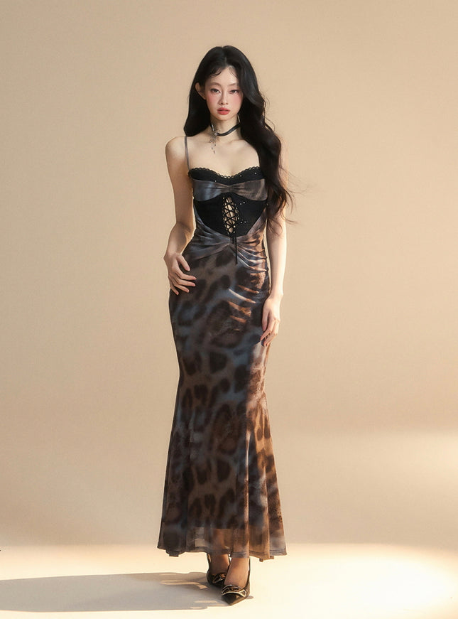 Leopard Print Lace-Up Bustier Maxi Dress