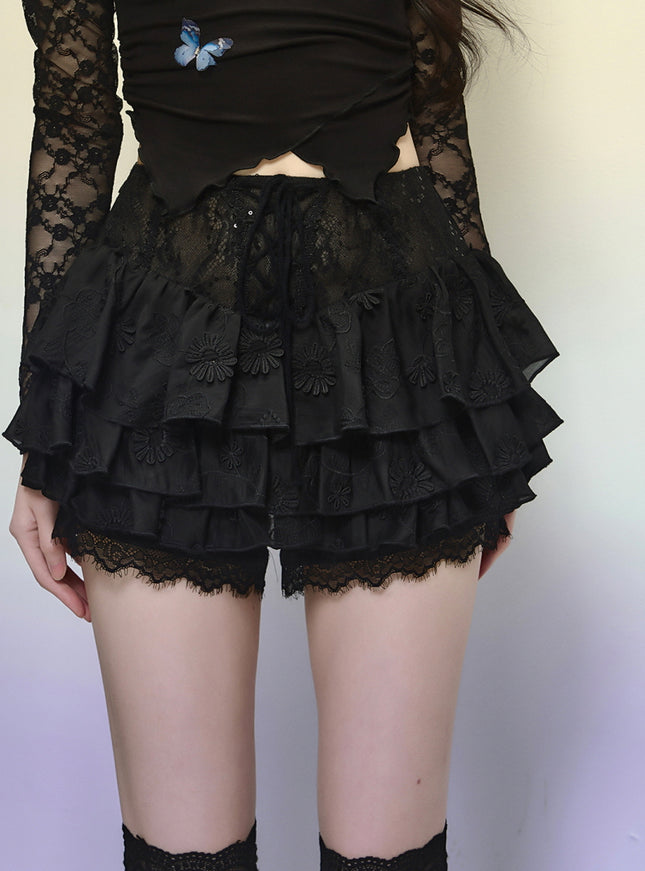 Black Lace-Up Tiered Lace Skirt