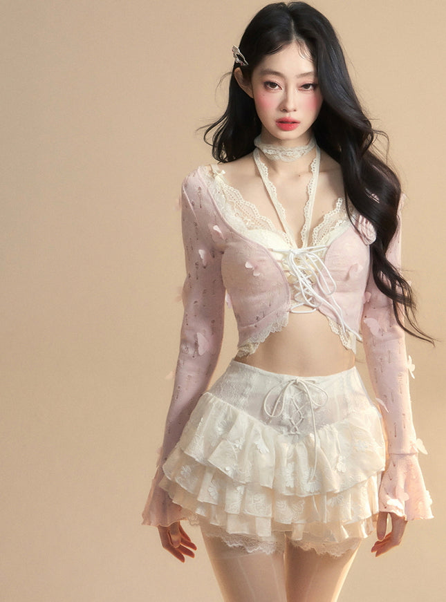 Romantic Lace-Up Sheer Top - Pink